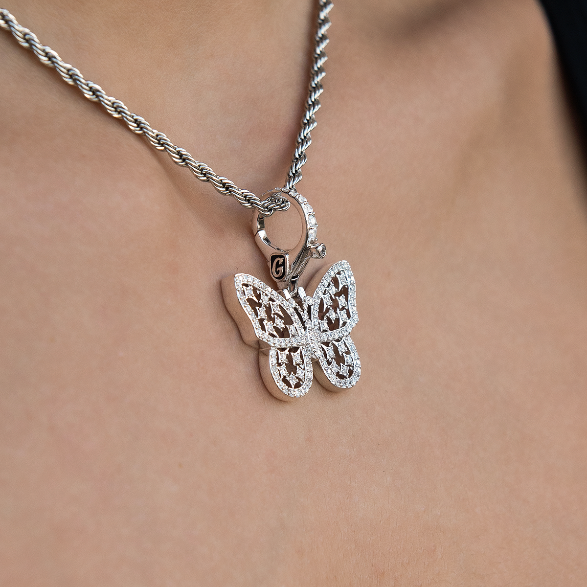 Diamond Butterfly Clip On Charm Pendant in White Gold