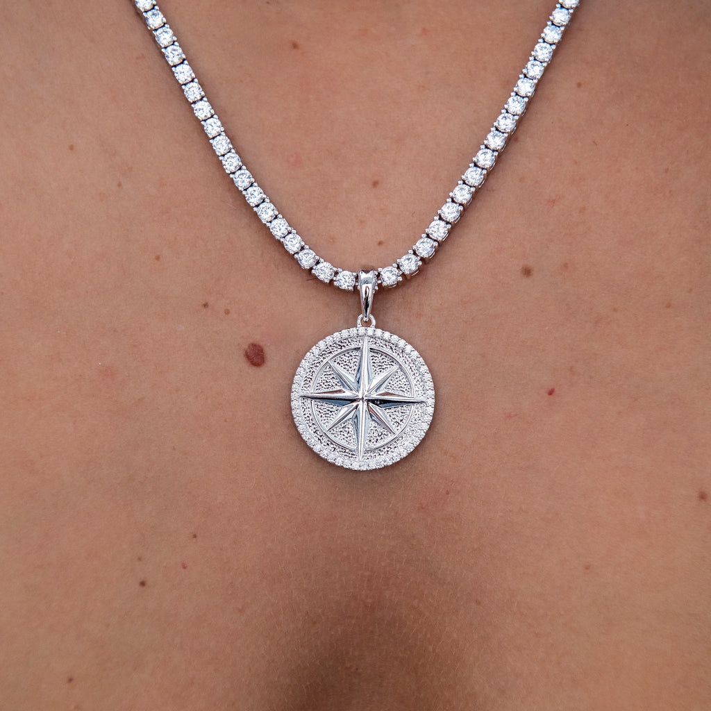 Compass Coin Pendant in White Gold