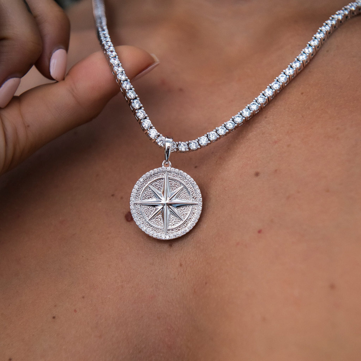 Compass Coin Pendant in White Gold